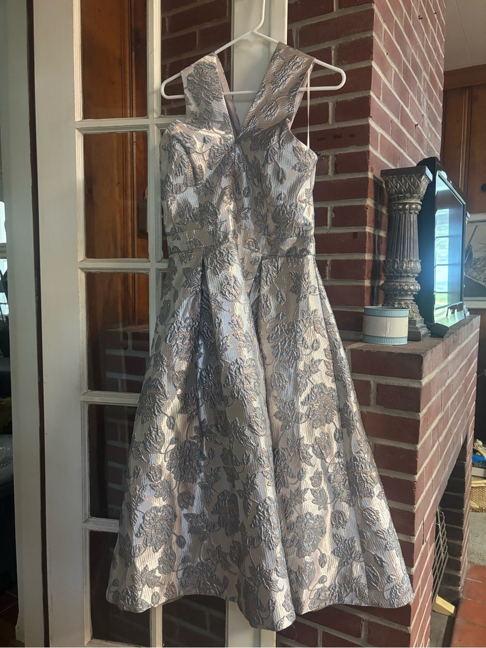 Maison Tara Silver Metallic Floral Dress midi formal gown